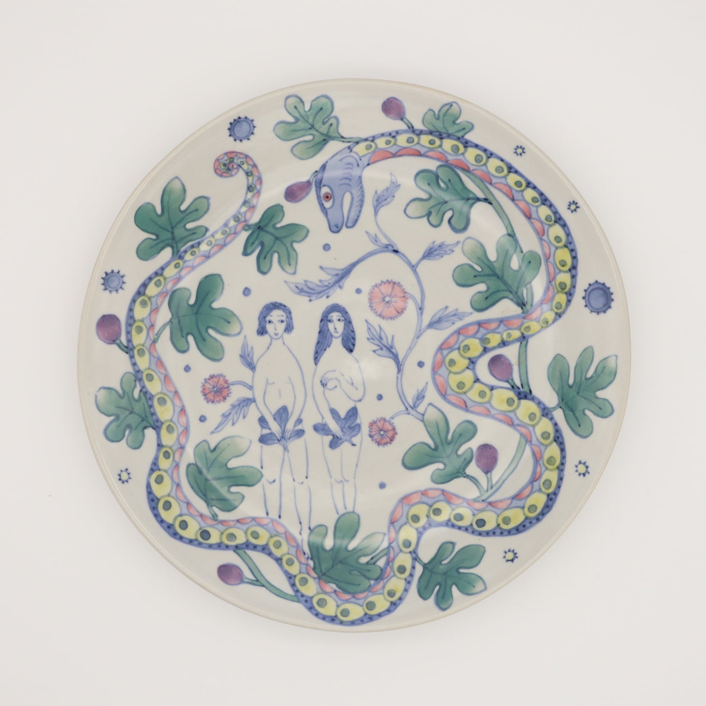 相上暁美 色絵皿 アダムとイヴ - 丸皿 | 益子焼 陶庫