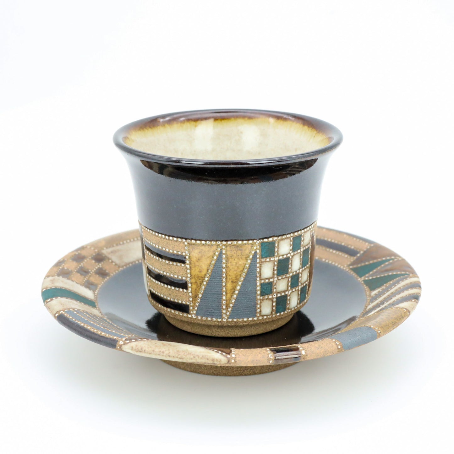 [Mukaiyama Fumiya] Inlaid glaze coffee cup and plate with border pattern