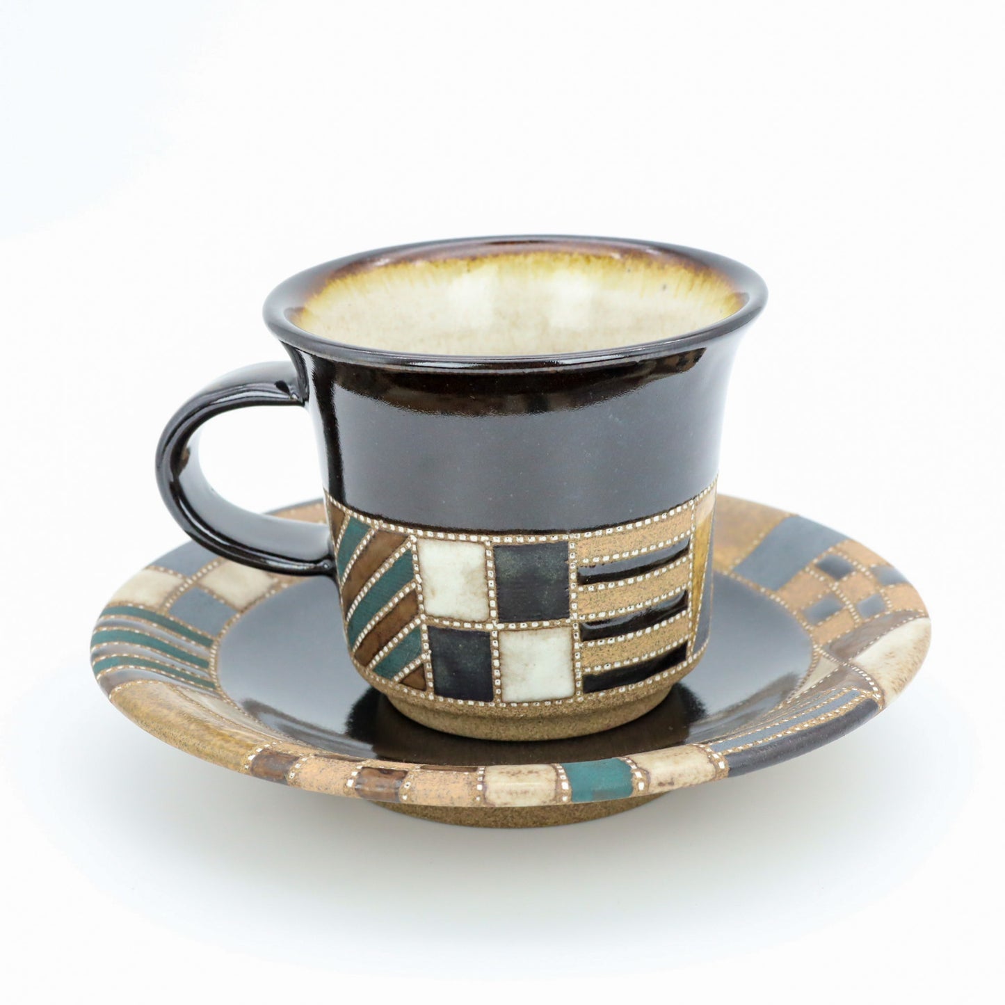 [Mukaiyama Fumiya] Inlaid glaze coffee cup and plate with border pattern
