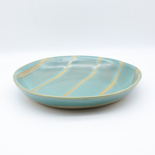 [Hagiwara Yoshinori] Celadon glazed oval plate with pattern, large