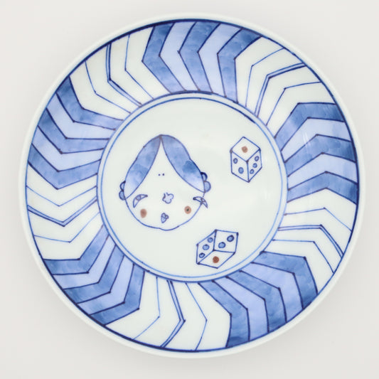 [Omura Midori] Blue and white porcelain plate with Okame design